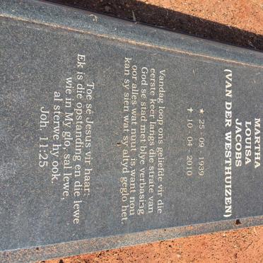 JACOBS Martha Louisa nee VAN DER WESTHUIZEN 1939-2010