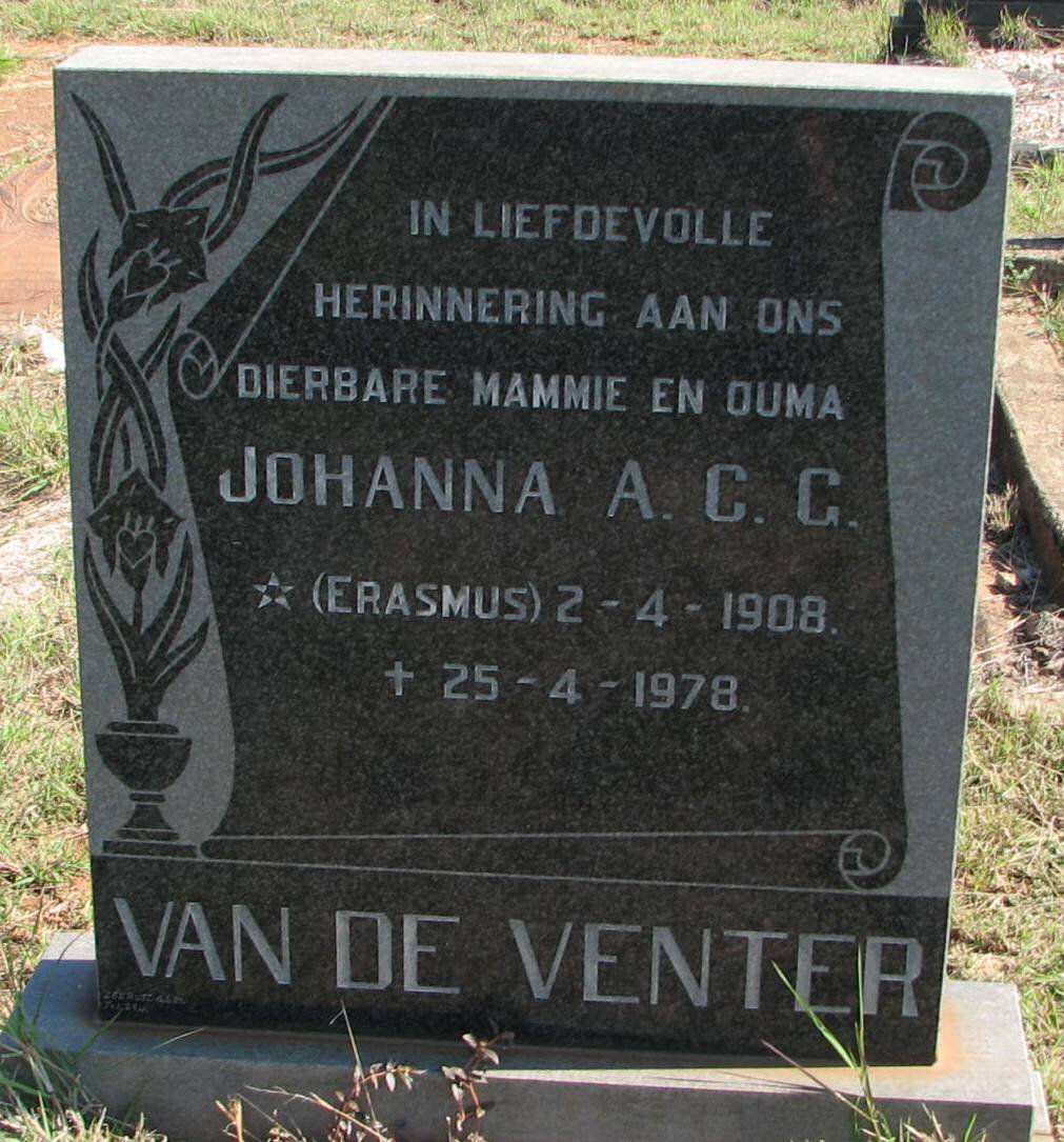 VENTER Johanna A.C.G., van de nee ERASMUS 1908-1978