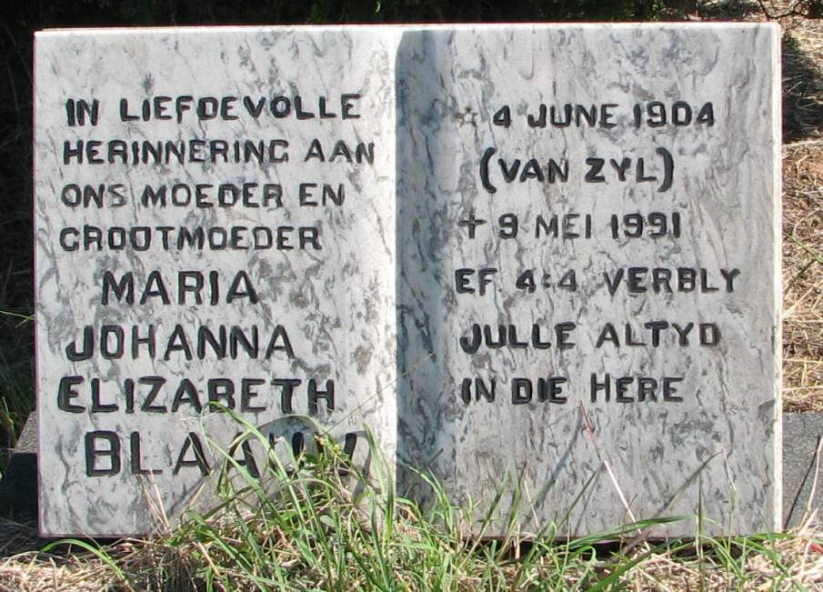 BLAAUW Maria Johanna Elizabeth nee VAN ZYL 1904-1991