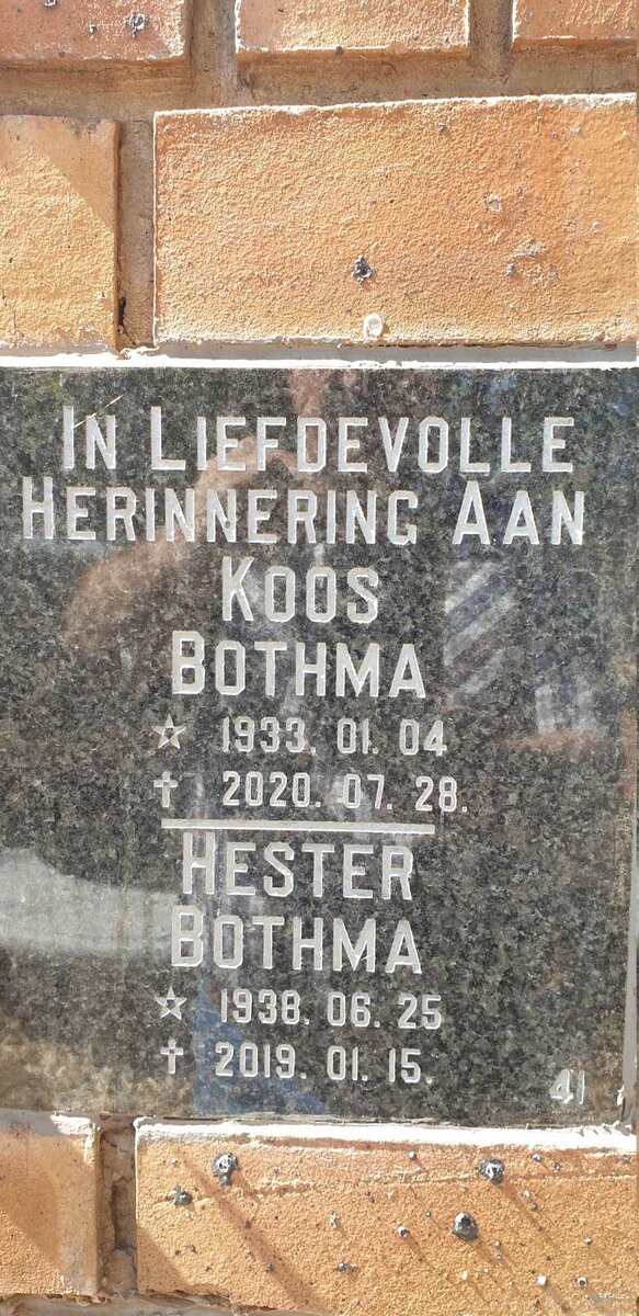 BOTHMA Koos 1933-2020 &amp; Hester 1938-2019
