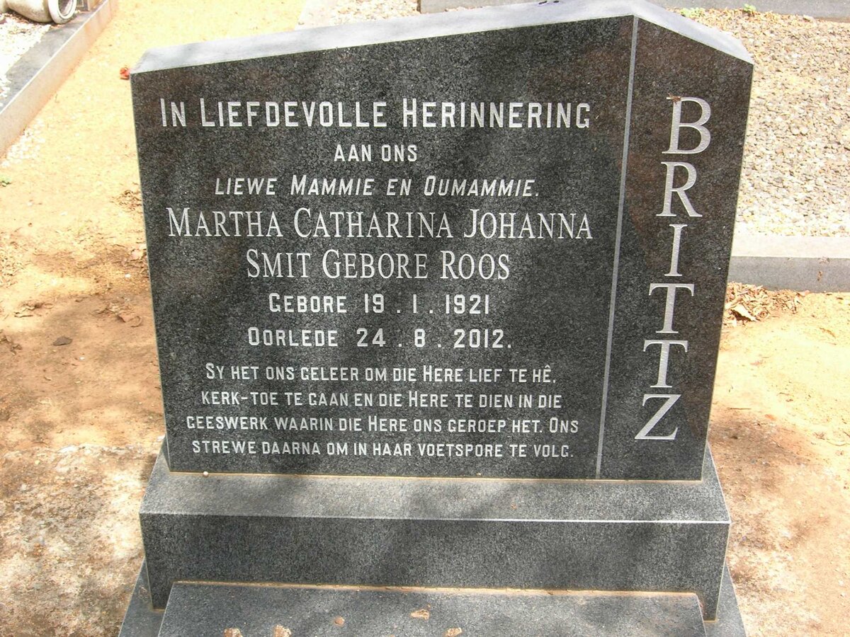 BRITTZ Martha Catharina Johanna Smit nee ROOS 1921-2012