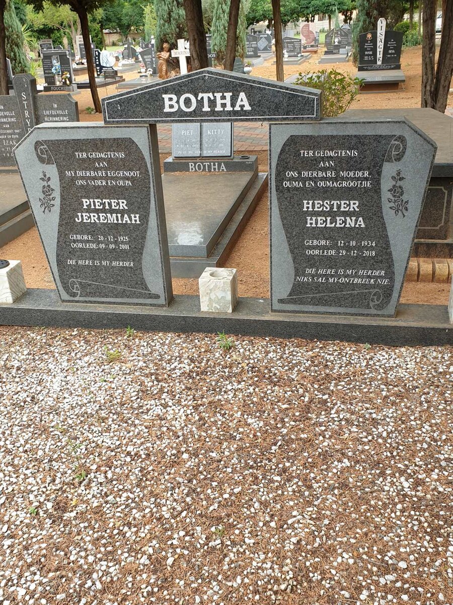 BOTHA Pieter Jeremiah 1925-2001 &amp; Hester Helena 1934-2018