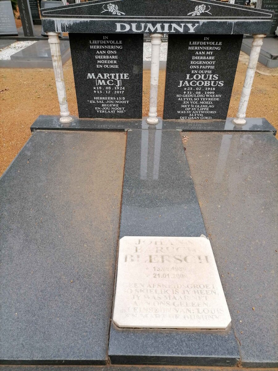 DUMINY Louis Jacobus 1918-1999 &amp; M.C.J. 1924-2017 :: BLERSCH Johann Baruch 1989-2009