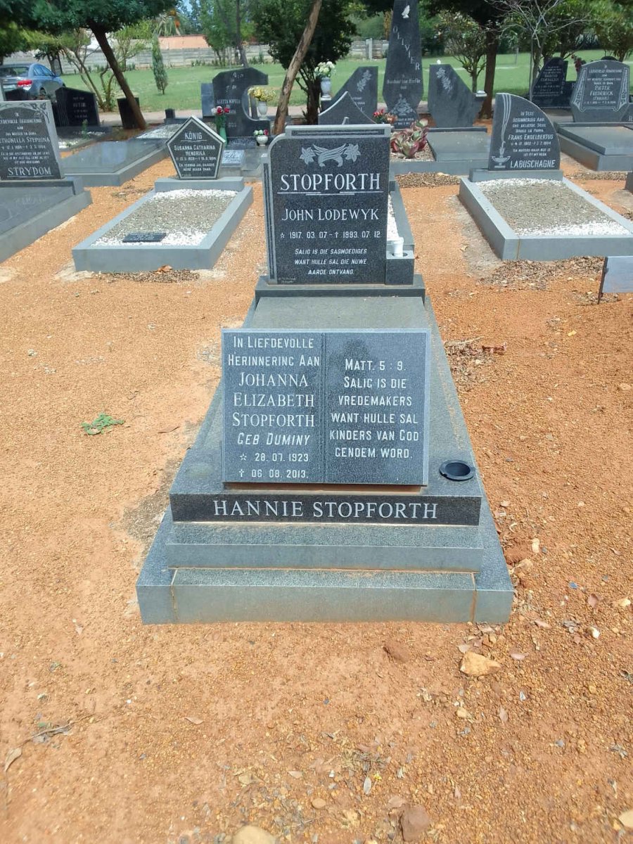 STOPFORTH John Lodewyk 1917-1993 &amp; Johanna Elizabeth DUMINY 1923-2013