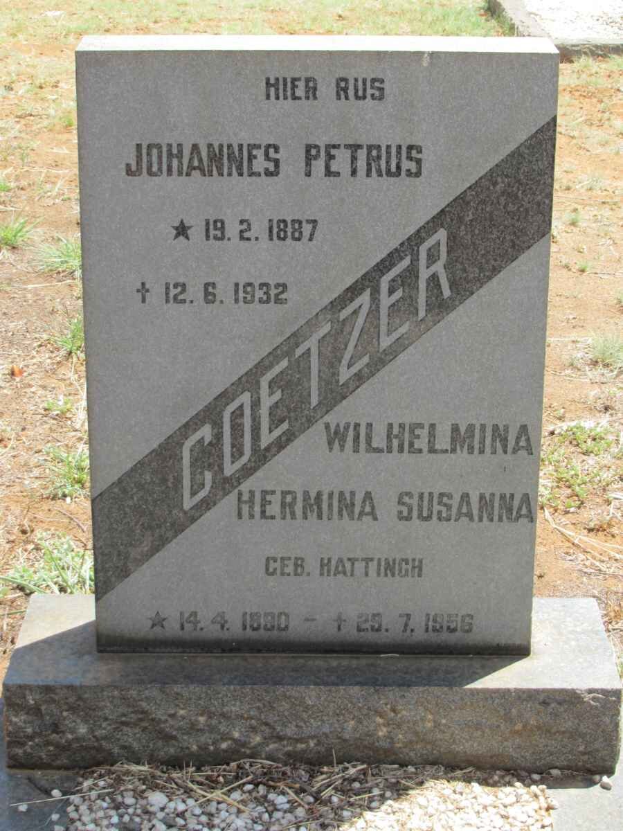 COETZER Johannes Petrus 1887-1932 &amp; Wilhelmina Hermina Susanna HATTINGH 1880-1956