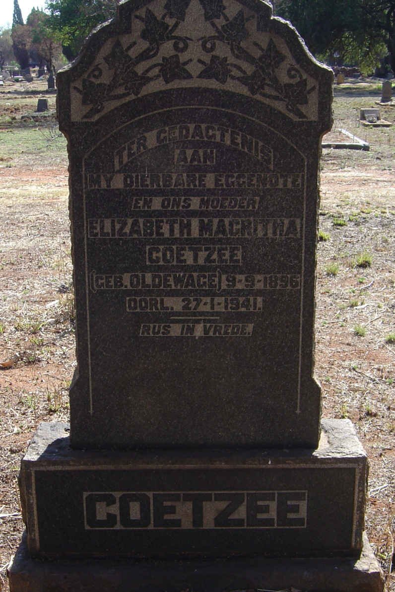 COETZEE Elizabeth Magritha nee OLDEWAGE 1896-1941
