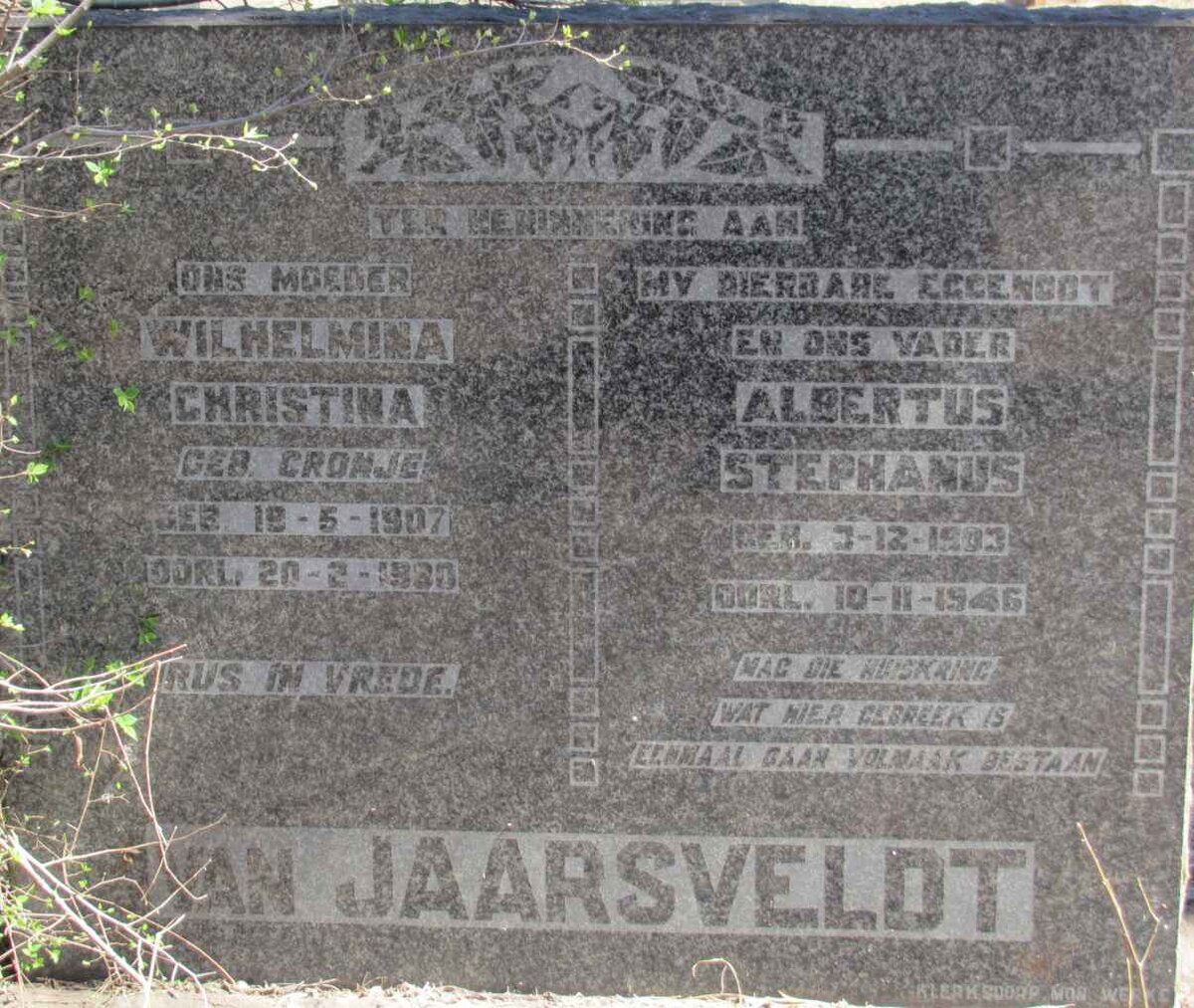 JAARSVELDT Albertus Stephanus 1903-1946 &amp; Wilhelmina Christina CRONJE 1907-1980