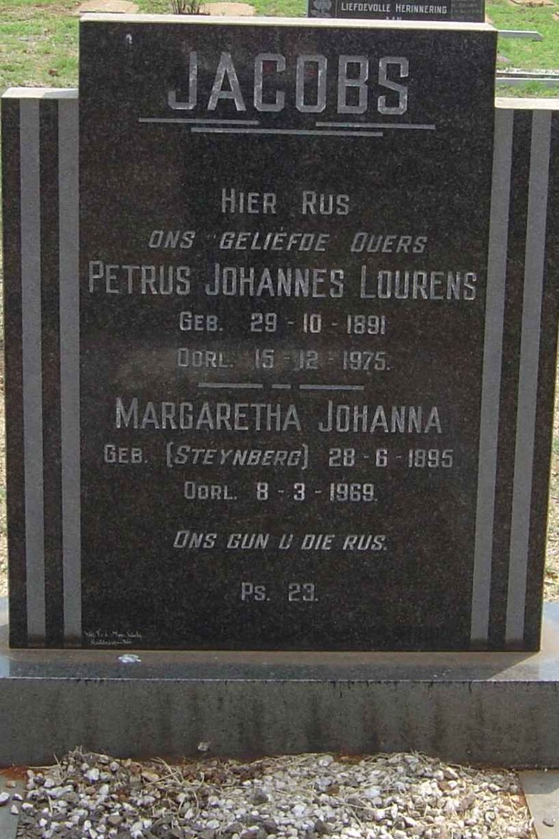 JACOBS Petrus Johannes Lourens 1891-1975 &amp; Margaretha Johanna STEYNBERG 1895-1969