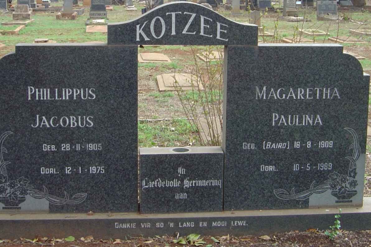 KOTZEE Phillippus Jacobus 1905-1975 &amp; Magaretha Paulina BAIRD 1909-1989