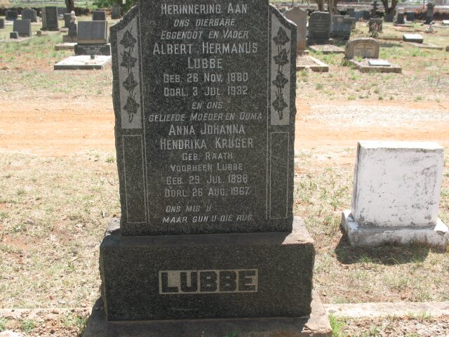 LUBBE Albert Hermanus 1880-1932 &amp; Anna Johanna Hendrika KRUGER previously LUBBE nee RAATH 1888-1967