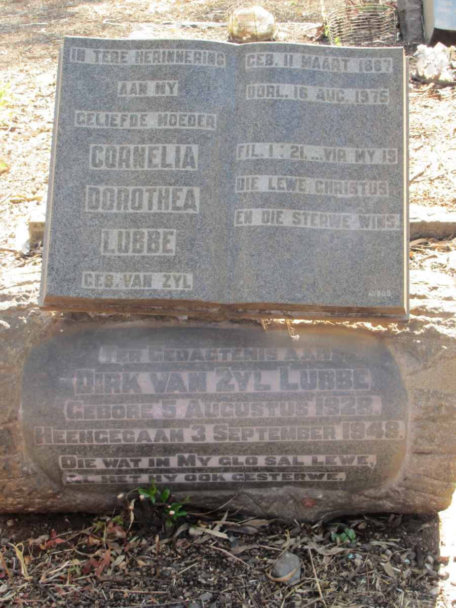 LUBBE Cornelia Dorothea nee VAN ZYL 1887-1975 :: LUBBE Dirk Van Zyl 1928-1948