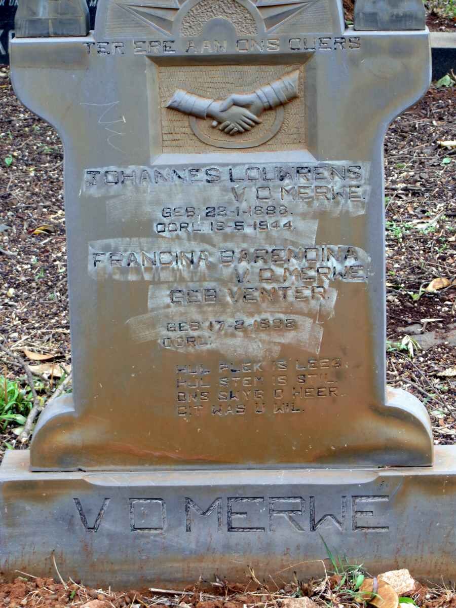 MERWE Johannes Louwrens, v.d. 1888-1944 &amp; Francina Barendina VENTER 1892-