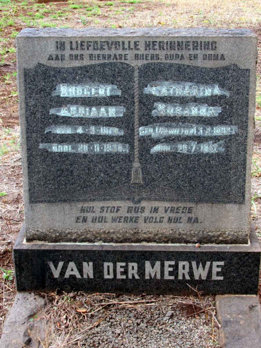 MERWE Burgert Adriaan, van der -1938 &amp; Catharina Susanna HAMILTON 1892-1957