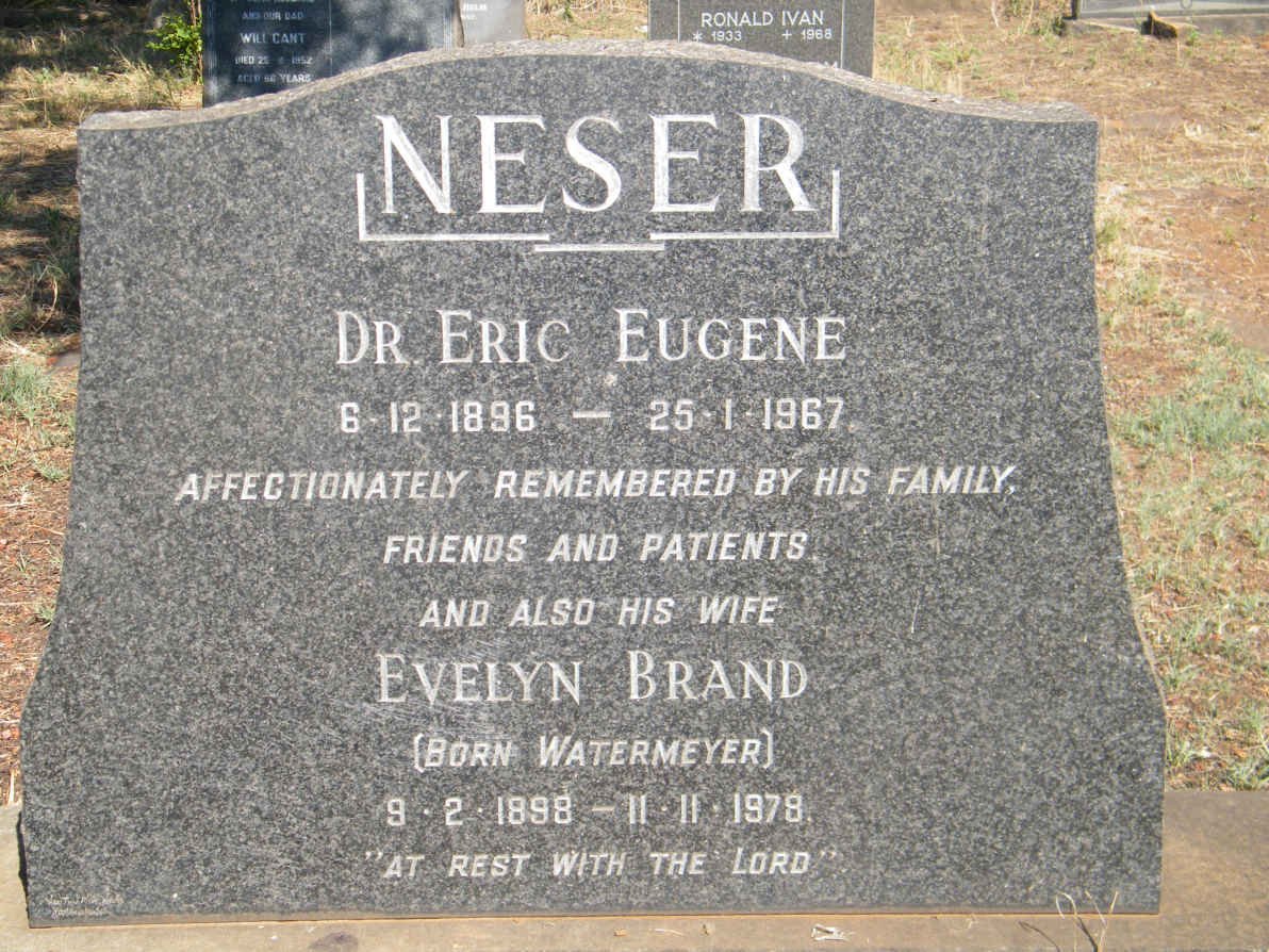 NESER Eric Eugene 1896-1967 &amp; Evelyn Brand WATERMEYER 1898-1979