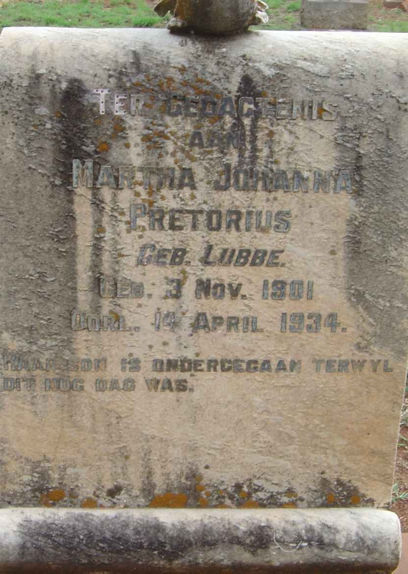 PRETORIUS Martha Johanna nee LUBBE 1901-1934