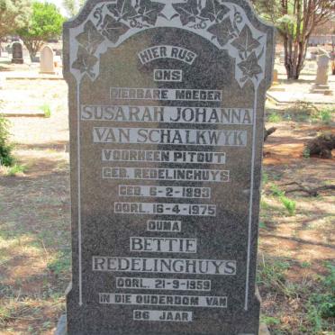 REDELINGHUYS Bettie -1959 :: VAN SCHALKWYK Susarah Johanna previously PITOUT nee REDELINGHUYS 1893-1975