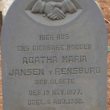 RENSBURG Agatha Maria, Jansen van nee CLOETE 1877-1958
