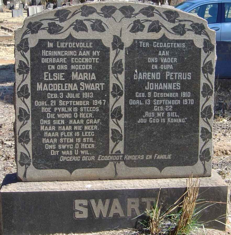 SWART Barend Petrus Johannes 1910-1970 &amp; Elsie Maria Magdalena 1913-1947