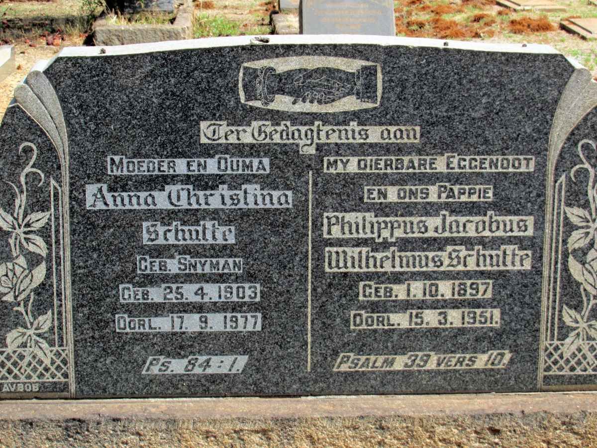 SCHUTTE Philippus Jacobus Wilhelmus 1897-1951 &amp; Anna Christina SNYMAN 1903-1977