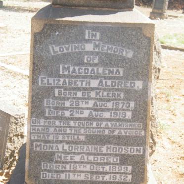 ALDRED Magdalena Elizabeth nee De KLERK 1870-1919 :: HODSON Mona Lorraine nee ALDRED 1899-1932