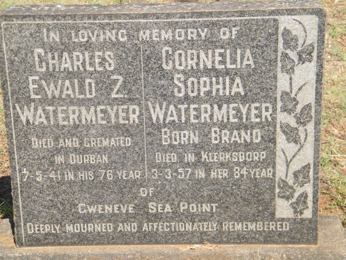 WATERMEYER Charles Ewald Z. -1941 &amp; Cornelia Sophia BRAND -1957