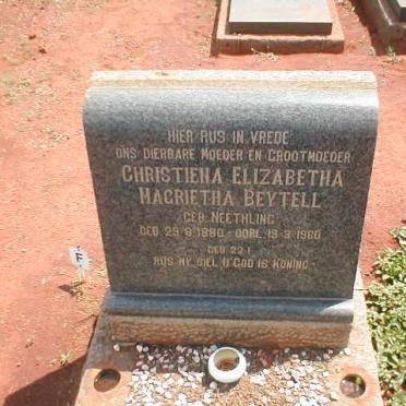 BEYTELL Christiena Elizabetha Margrietha nee NEETHLING 1880-1960