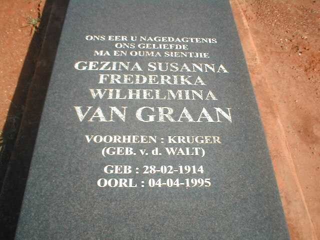 GRAAN Gezina Susanna Frederika Wilhelmina, van voorheen KRUGER, nee V.D. WALT 1914-1995