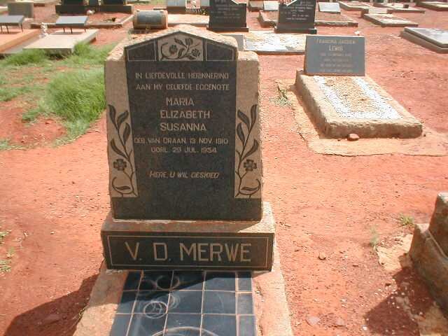 MERWE Maria Elizabeth Susanna, v.d. nee VAN GRAAN 1910-1954