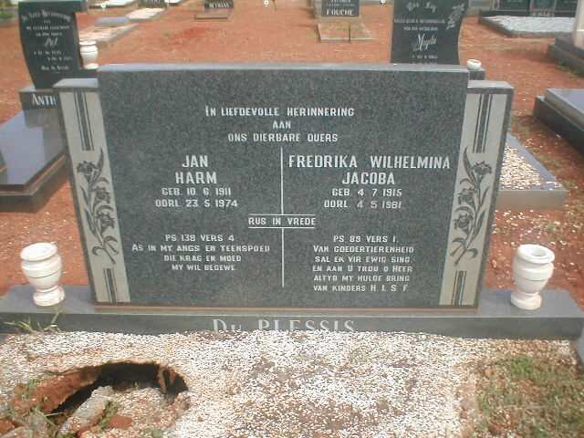 PLESSIS Jan Harm, du 1911-1974 &amp; Fredrika Wilhelmina Jacoba 1915-1981