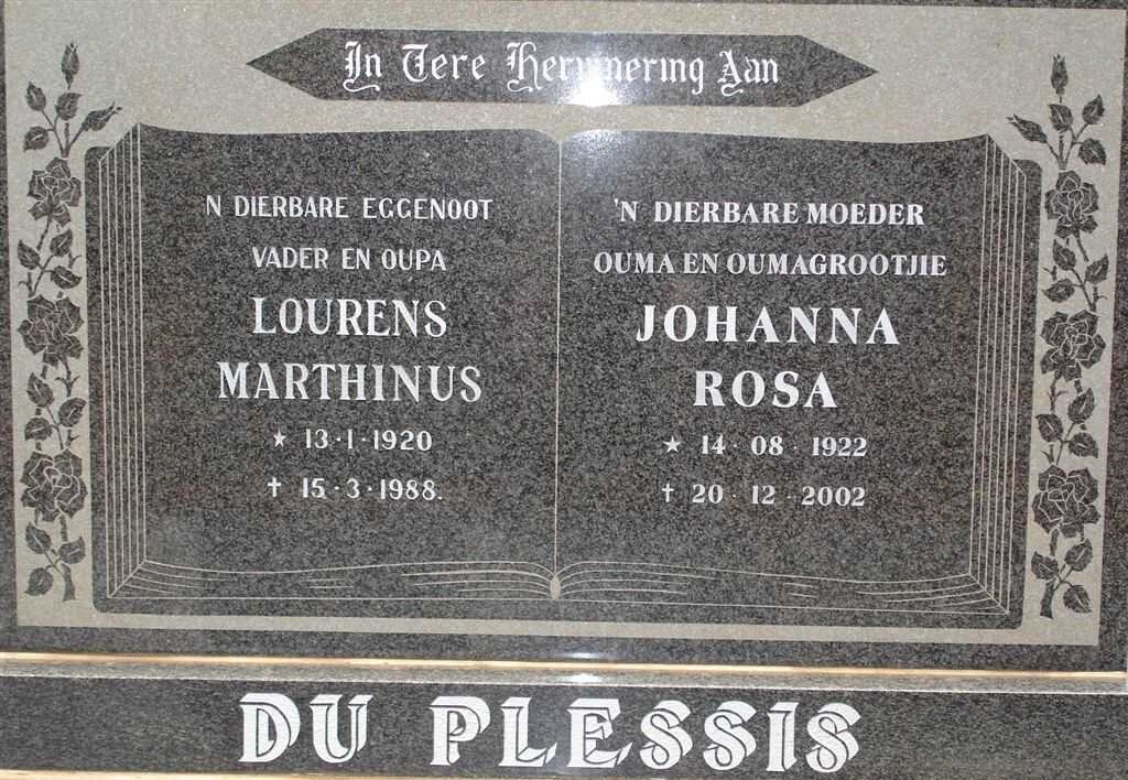 PLESSIS Lourens Marthinus, du  1920-1988 &amp; Johanna Rosa 1922-2002