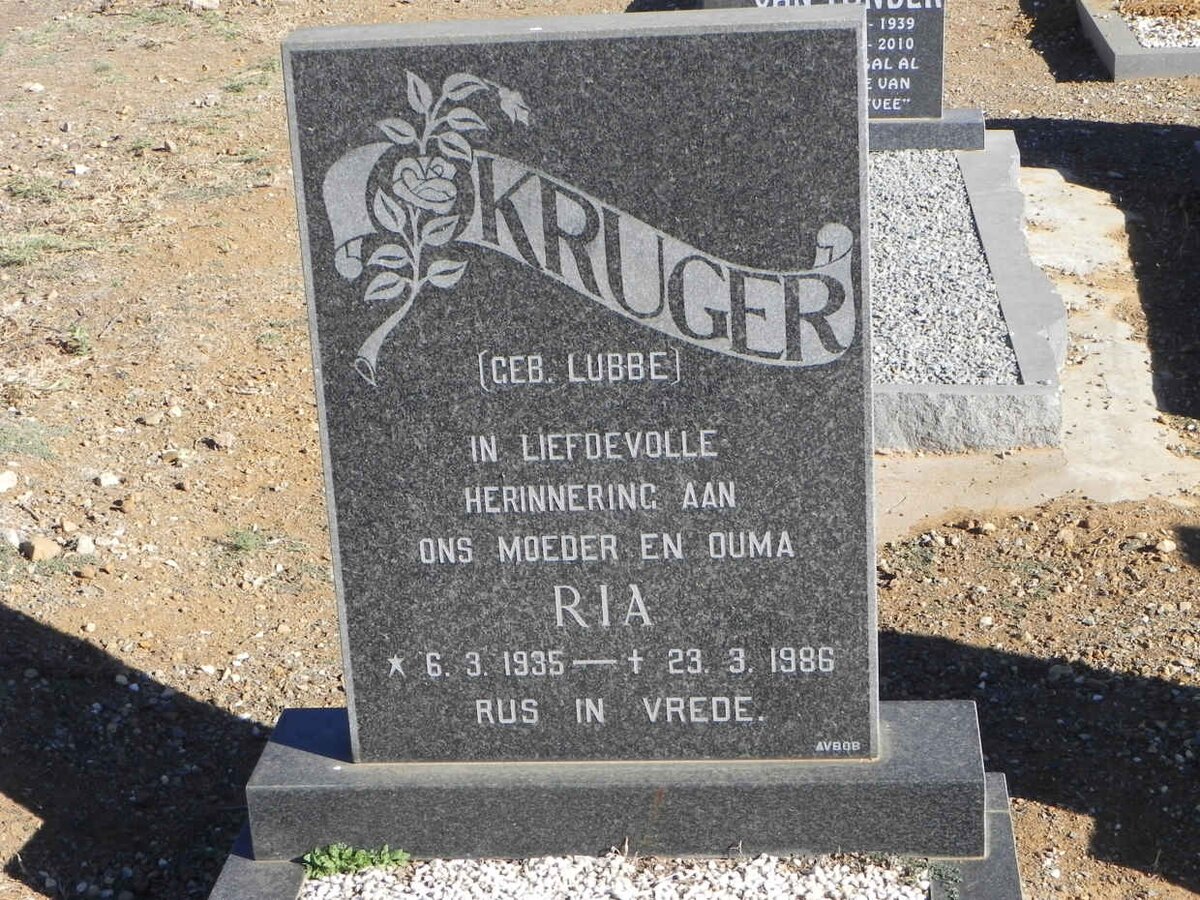 KRUGER Ria nee LUBBE 1935-1986