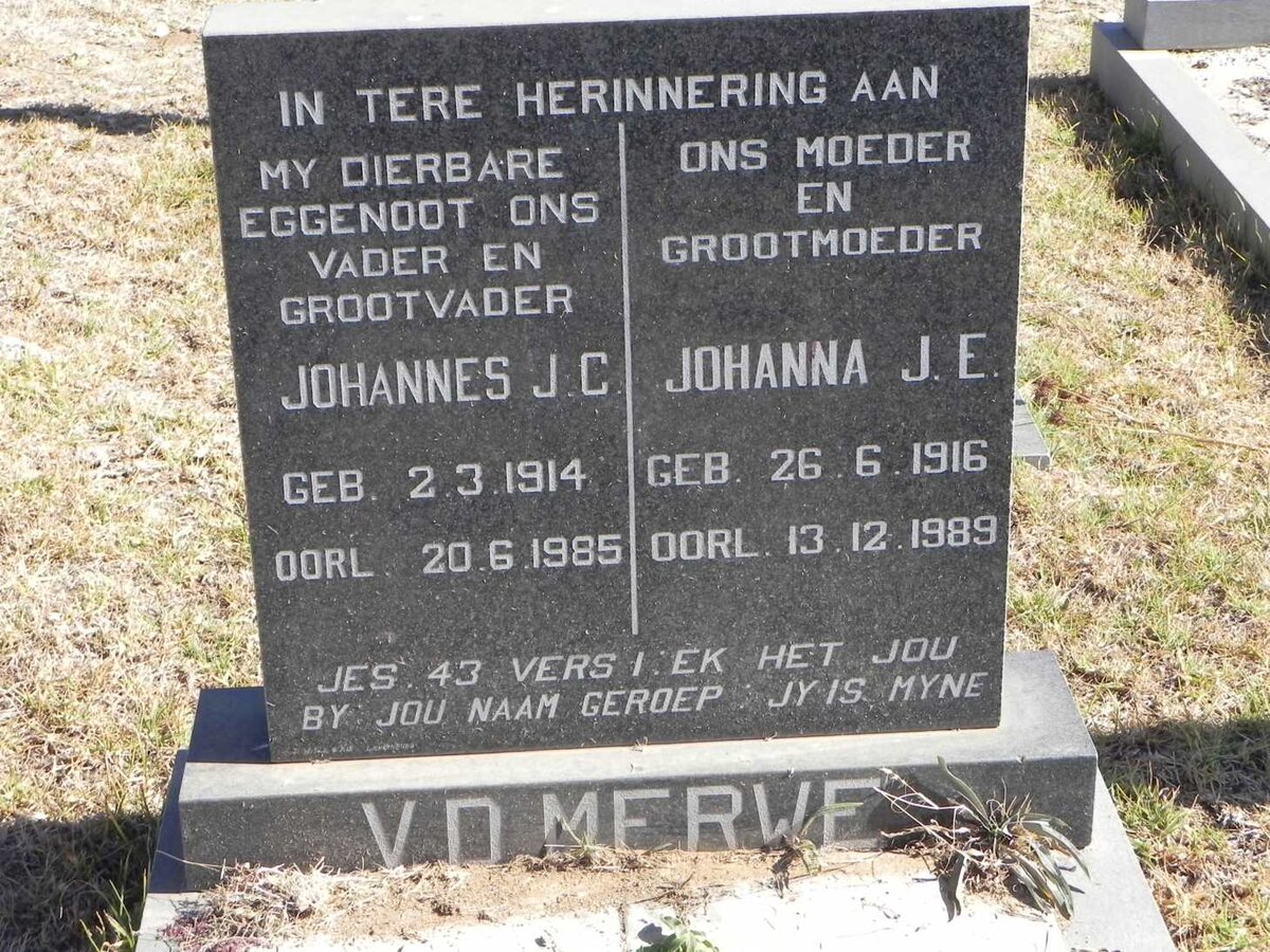 MERWE Johannes J.C., v.d. 1914-1985 &amp; Johanna J.E. 1916-1989