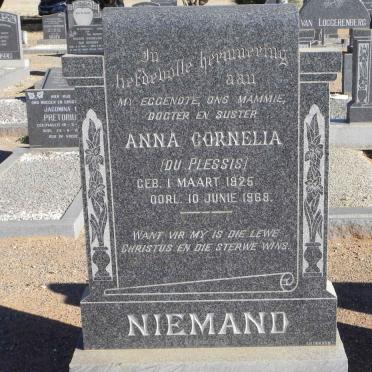 NIEMAND Anna Cornelia nee DU PLESSIS 1925-1968