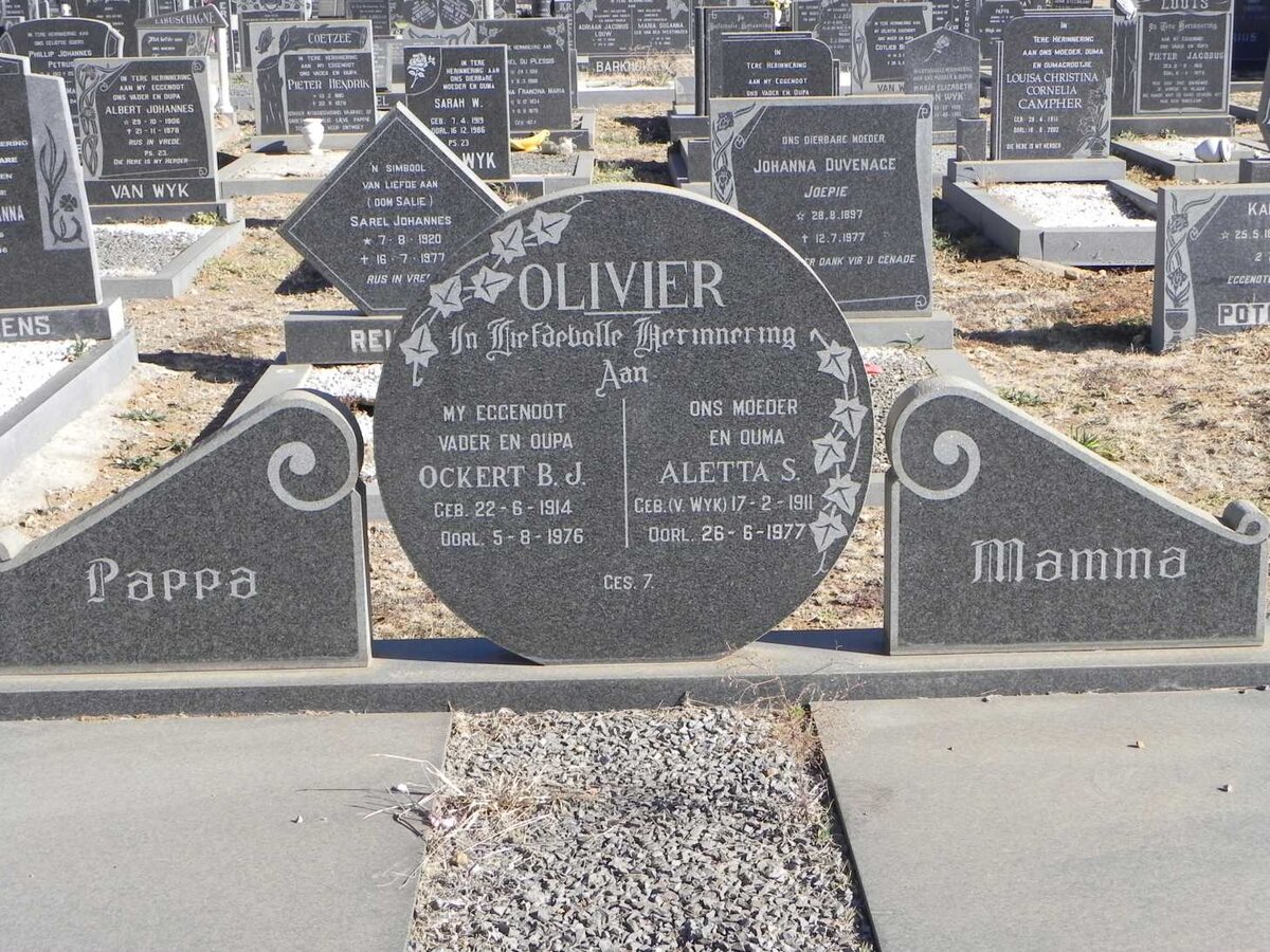 OLIVIER Ockert B.J. 1914-1976 &amp; Aletta S. V. WYK 1911-1977