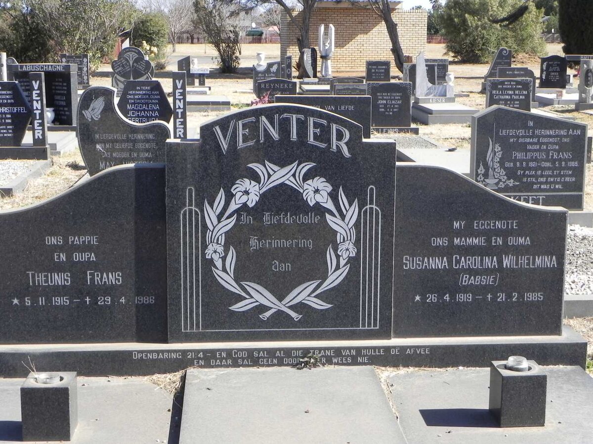 VENTER Theunis Frans 1915-1986 &amp; Susanna Carolina Wilhelmina 1919-1985
