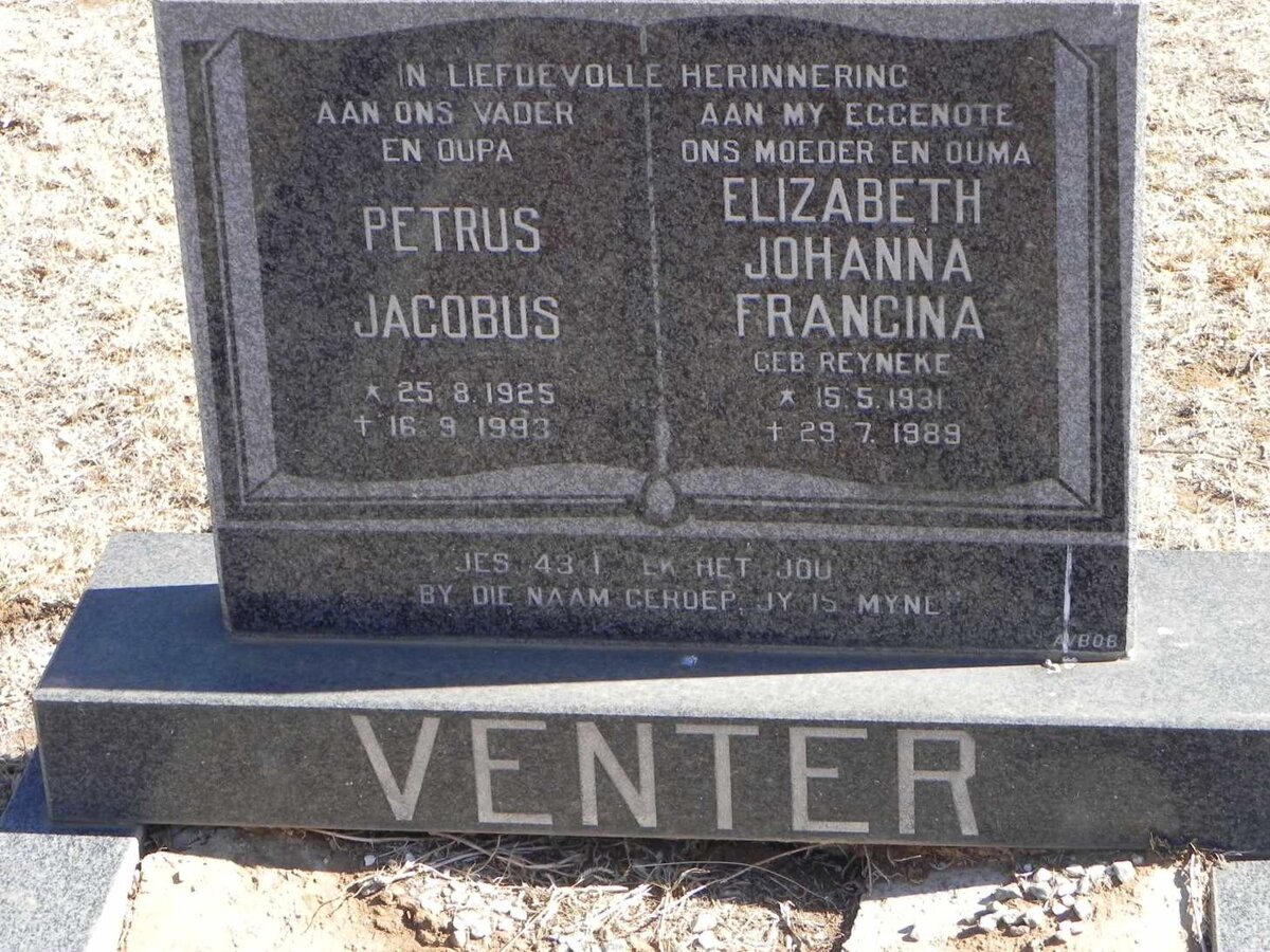 VENTER Petrus Jacobus 1925-1993 &amp; Elizabeth Johanna Francina REYNEKE 1931-1989