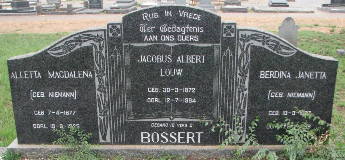 BOSSERT Jacobus Albert Louw 1872-1964 &amp; Alletta Magdalena NIEMANN 1877-1925 &amp; Berdina Janetta NIEMANN 18?7-19?6
