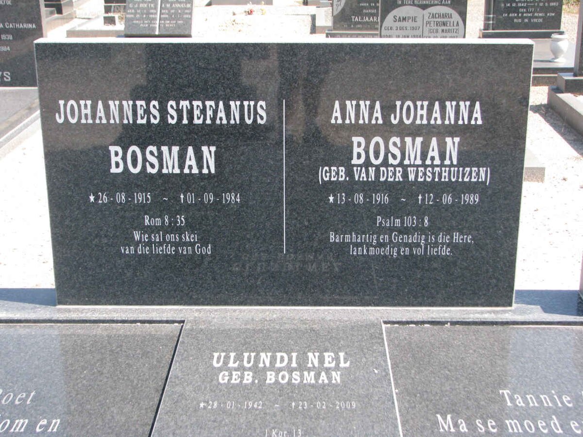 BOSMAN Johannes Stefanus 1915-1984 &amp; Anna Johanna VAN DER WESTHUIZEN 1916-1989 :: NEL Ulundi nee BOSMAN 1942-2009