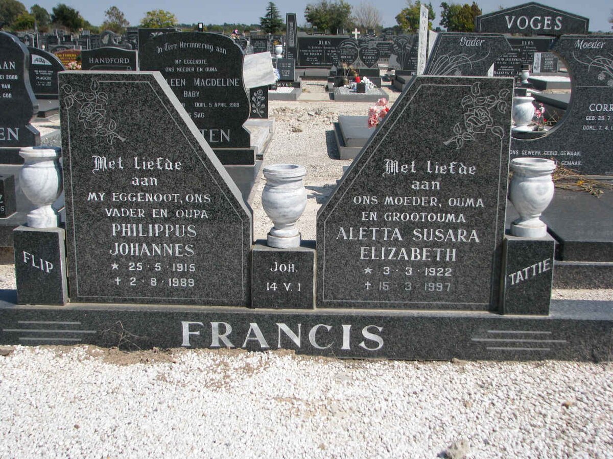 FRANCIS Philippus Johannes 1915-1989 &amp; Aletta Susara Elizabeth 1922-1997