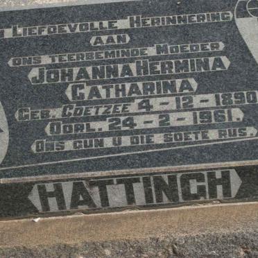 HATTINGH Johanna Hermina Catharina nee COETZEE 1890-1961