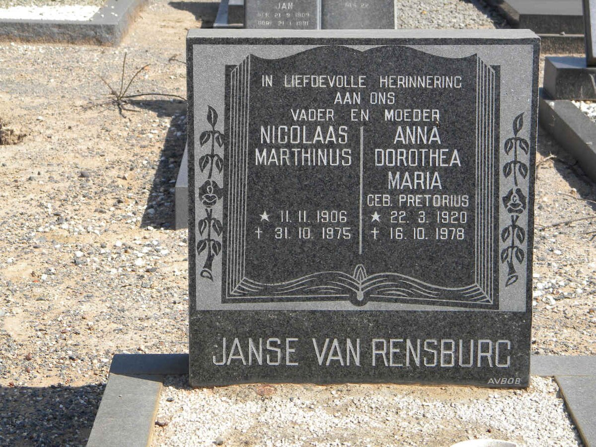 RENSBURG Nicolaas Marthinus, Janse van 1906-1975 &amp; Anna Dorothea Maria PRETORIUS 1920-1978