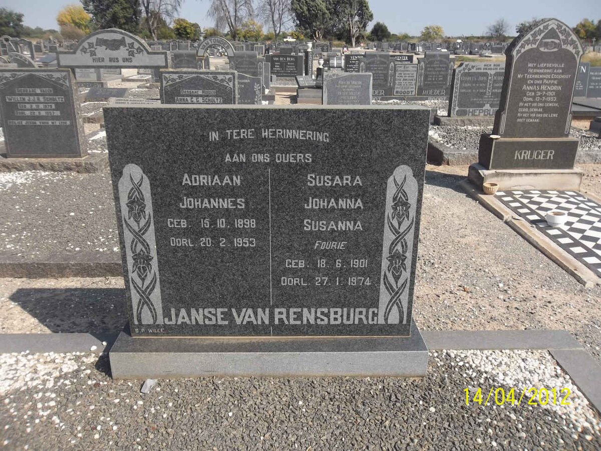 RENSBURG Adriaan Johannes, Janse van 1898-1953 &amp; Susara Johanna Susanna FOURIE 1901-1974