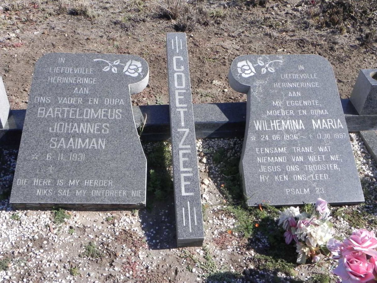 COETZEE Bartelomeus Johannes Saaiman 1931- &amp; Wilhelmina Maria 1936-1997