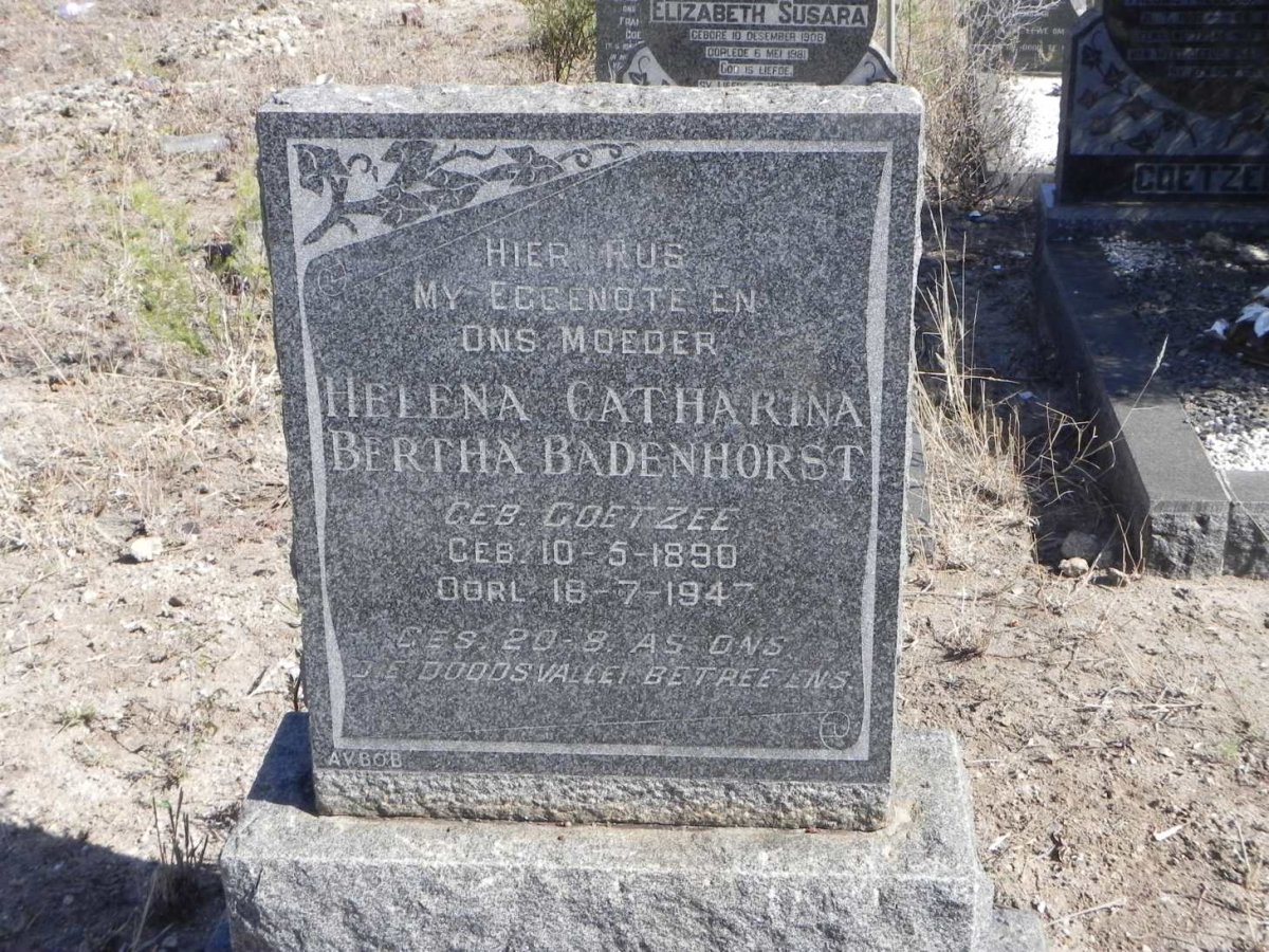 BADENHORST Helena Catharina Bertha nee COETZEE 1890-1947