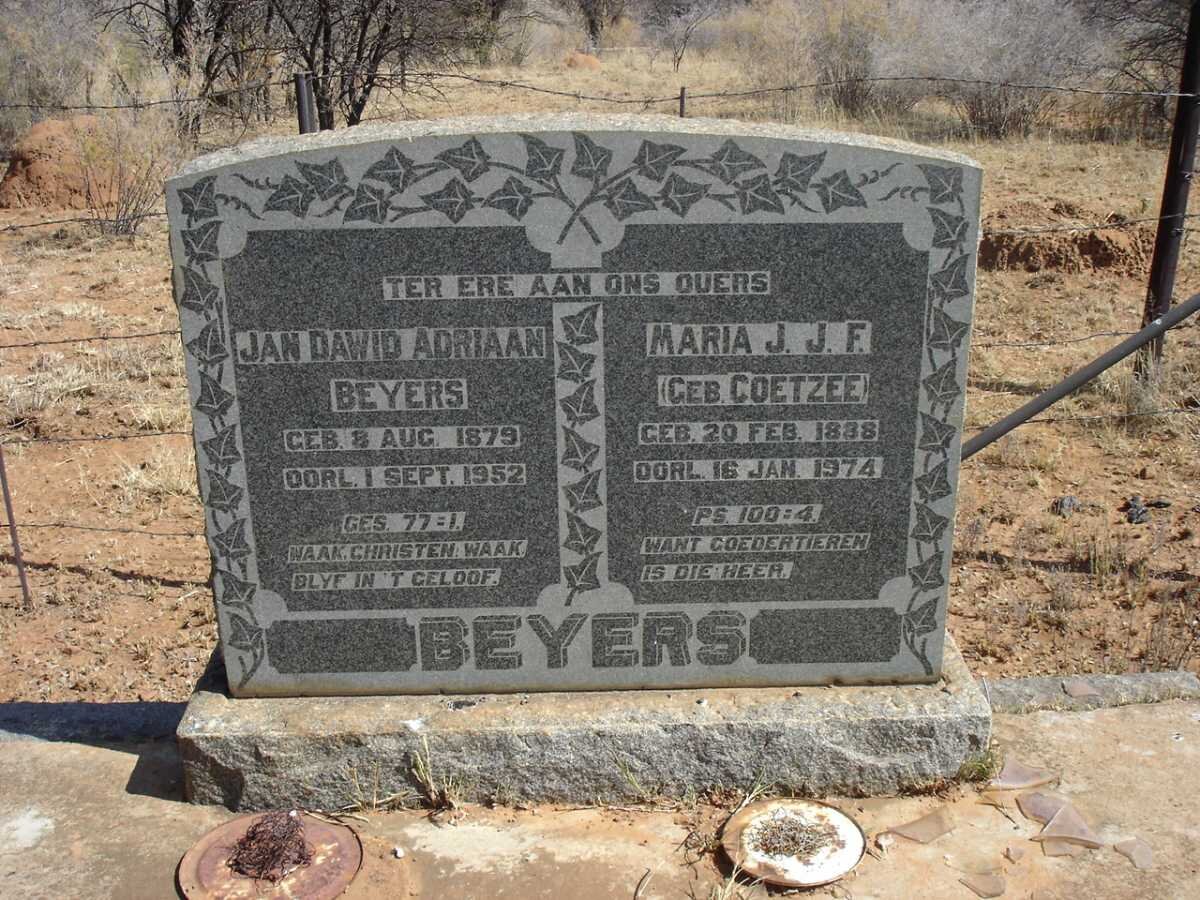 BEYERS Jan Dawid Adriaan 1879-1952 &amp; Maria J.J.F. COETZEE 1888-1974