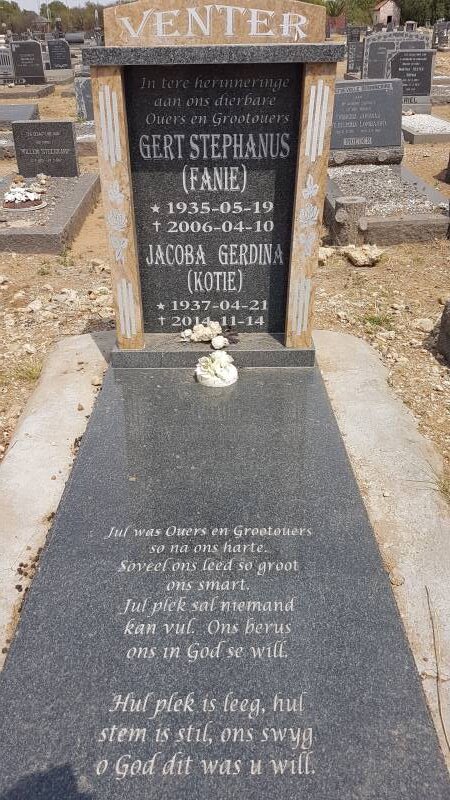 VENTER Gert Stephanus 1935-2006 &amp; Jacoba Gerdina 1937-2014
