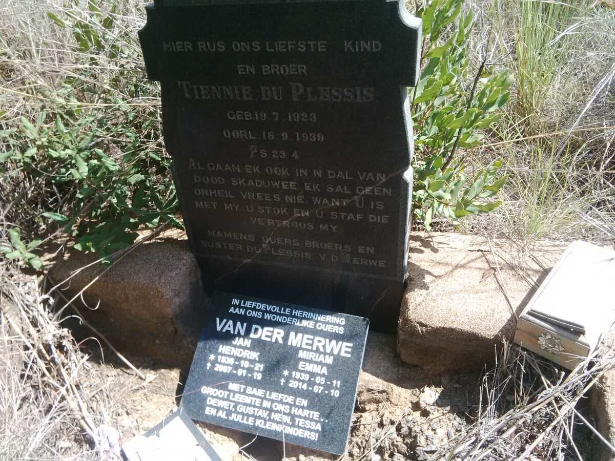 PLESSIS Tiennie, du 1923-1939 :: VAN DER MERWE Jan Hendrik 1936-2007 &amp; Miriam Emma 1939-2014