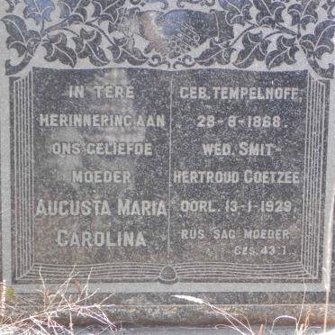 COETZEE Augusta Maria Carolina previously SMIT nee TEMPELHOFF 1868-1929