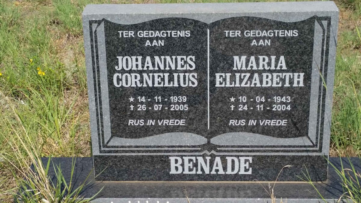 BENADE Johannes Cornelius 1939-2005 &amp; Maria Elizabeth 1943-2004