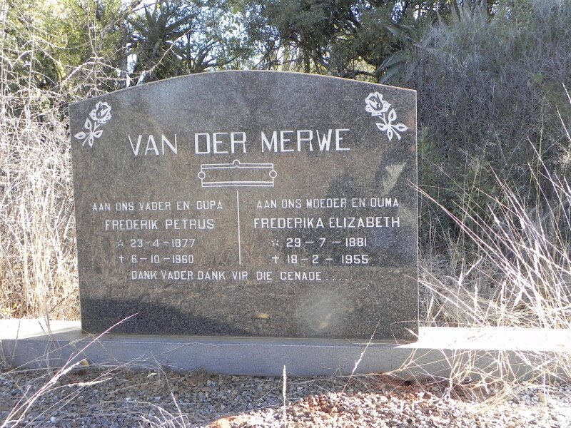 MERWE Frederik Petrus, van der 1877-1960 &amp; Frederika Elizabeth 1881-1955